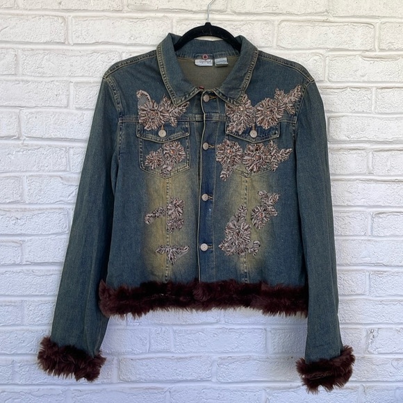 Vintage Spiegel Embroidered  Denim Jacket with Faux Fur Collar and Cuffs - Picture 1 of 12